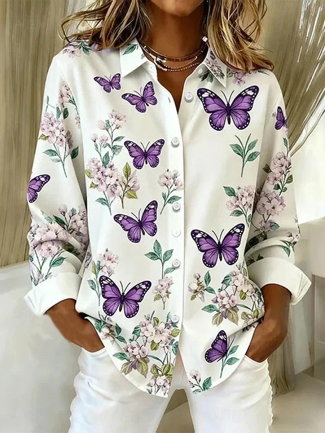 Dahlia butterfly print blouse in white with purple butterflies, front view