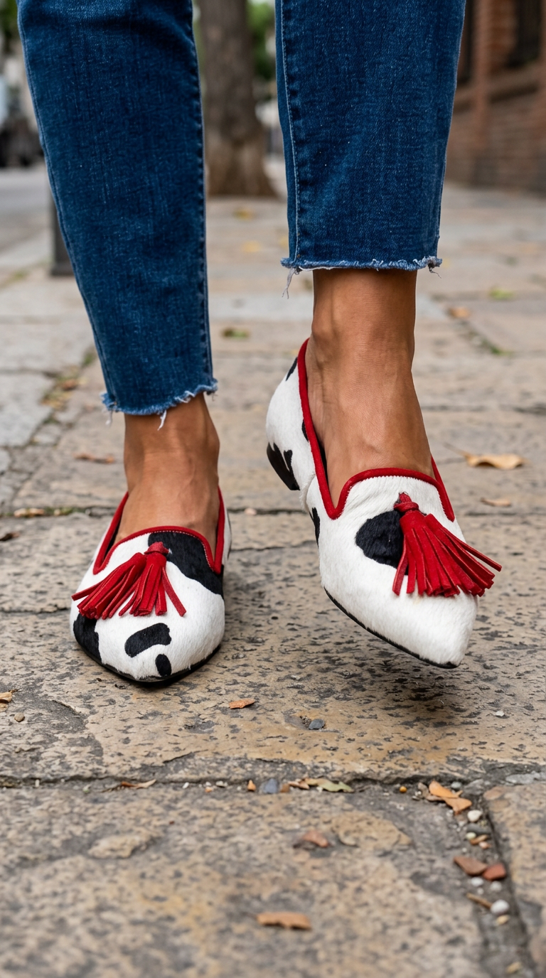 Ginevra | Black & White Cow Print Loafers with Red Tassels