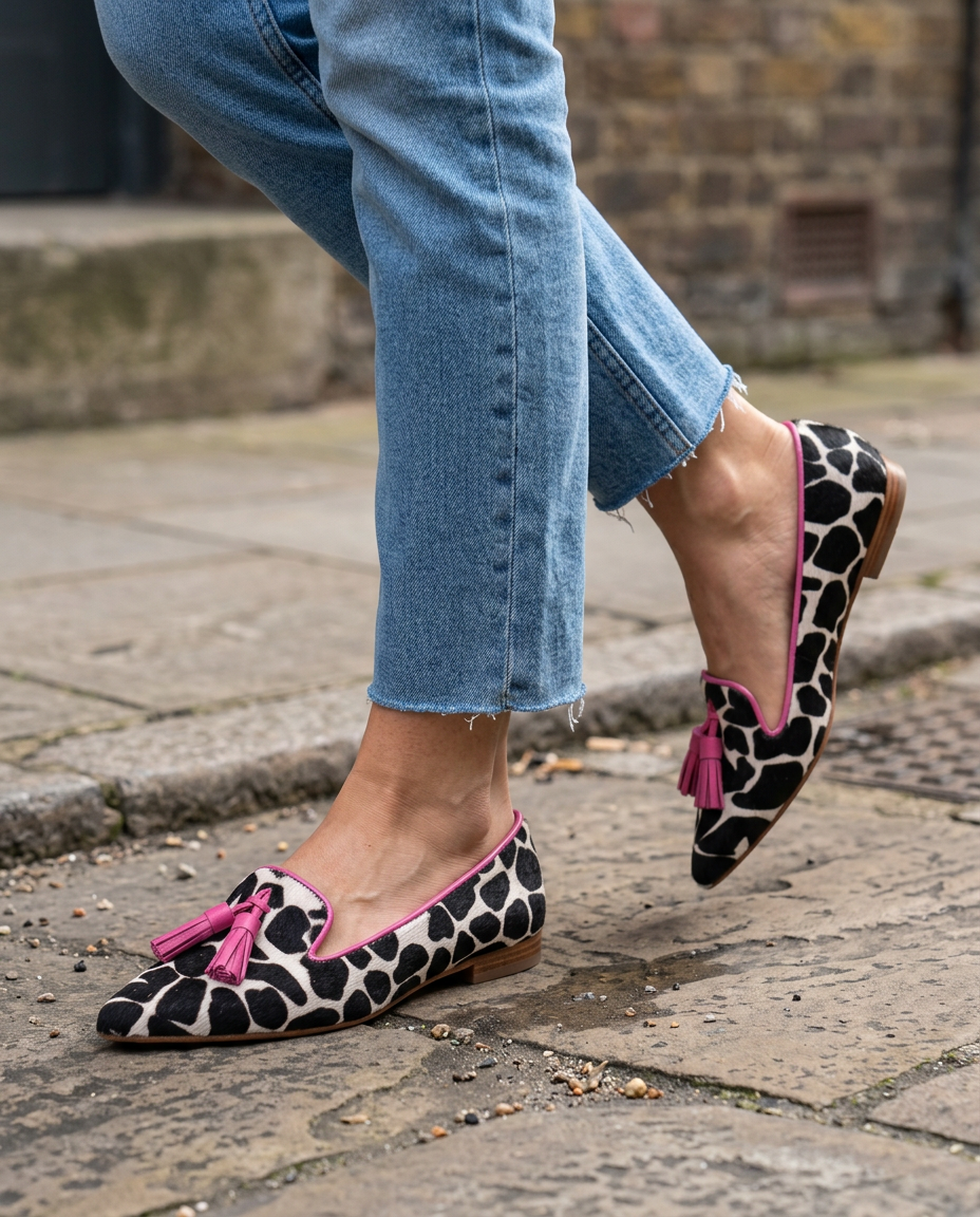 Ginevra | Black & White Cow Print Loafers with Pink Tassels