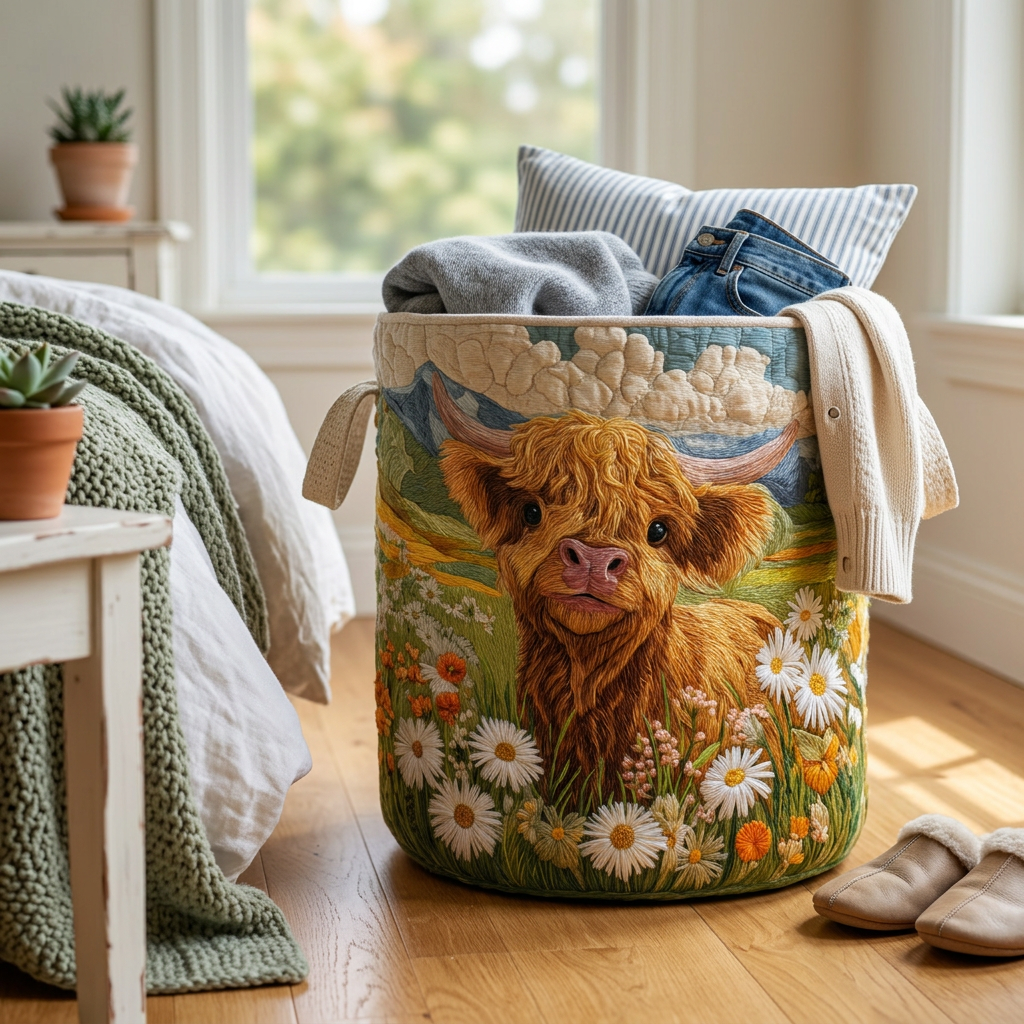 Maria hand-quilted laundry basket with a Highland cow in a daisy meadow, styled at home