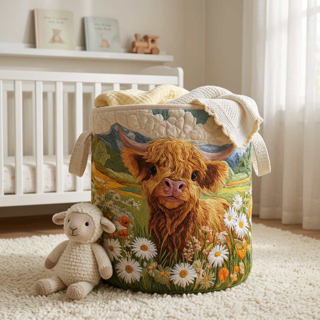 Maria hand-quilted laundry basket with a Highland cow in a daisy meadow, lifestyle view