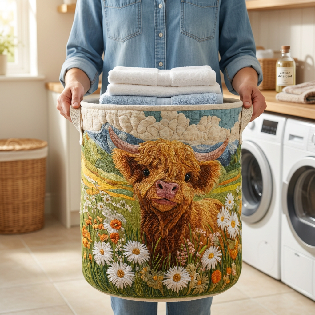 Maria hand-quilted laundry basket with a Highland cow in a daisy meadow, lifestyle view in use
