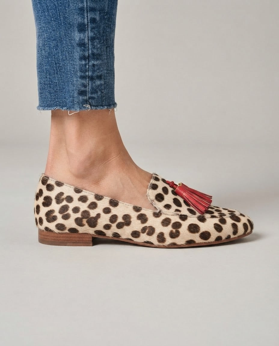 Aurora | Cream Polka Dot Loafers with Red Tassels