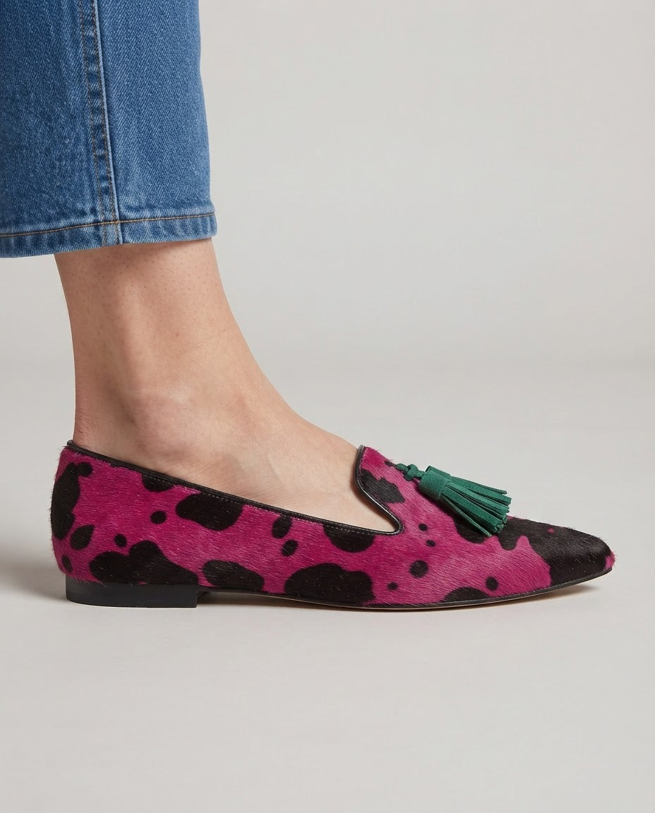 Ginevra | Fuchsia Cow Print Loafers with Green Tassels