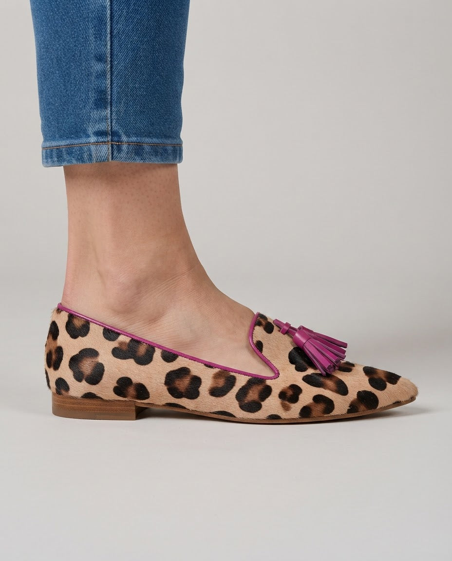 Ginevra | Leopard Loafers with Fuchsia Tassels