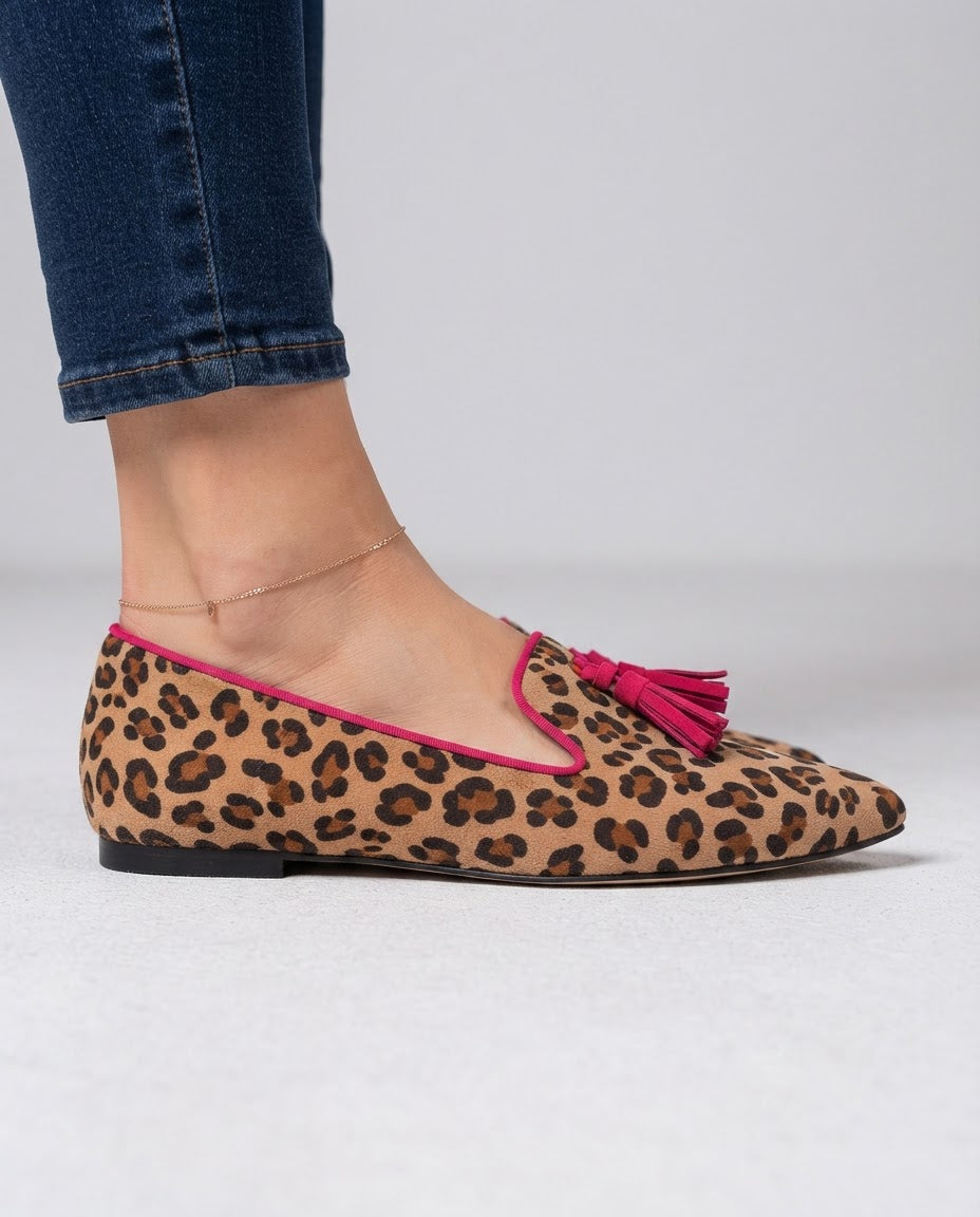 Ginevra | Suede Leopard Loafers with Fuchsia Tassels