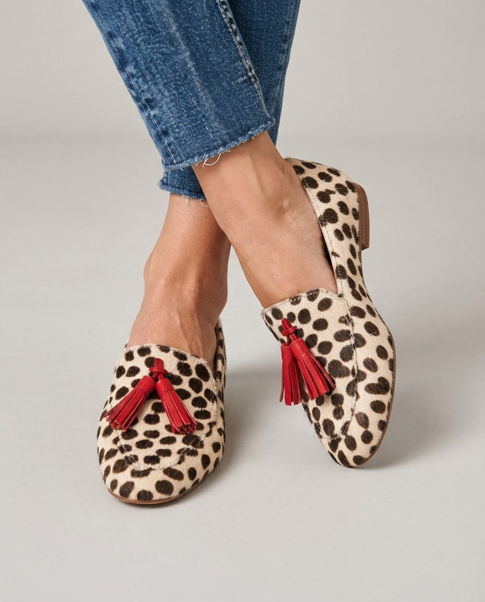 Aurora | Cream Polka Dot Loafers with Red Tassels