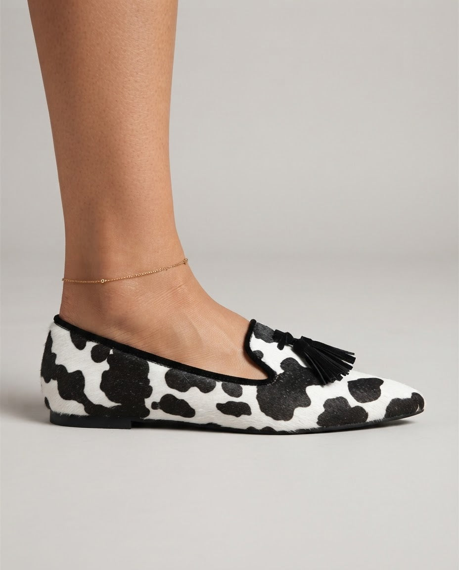 Ginevra | Black & White Cow Print Loafers with Black Tassels