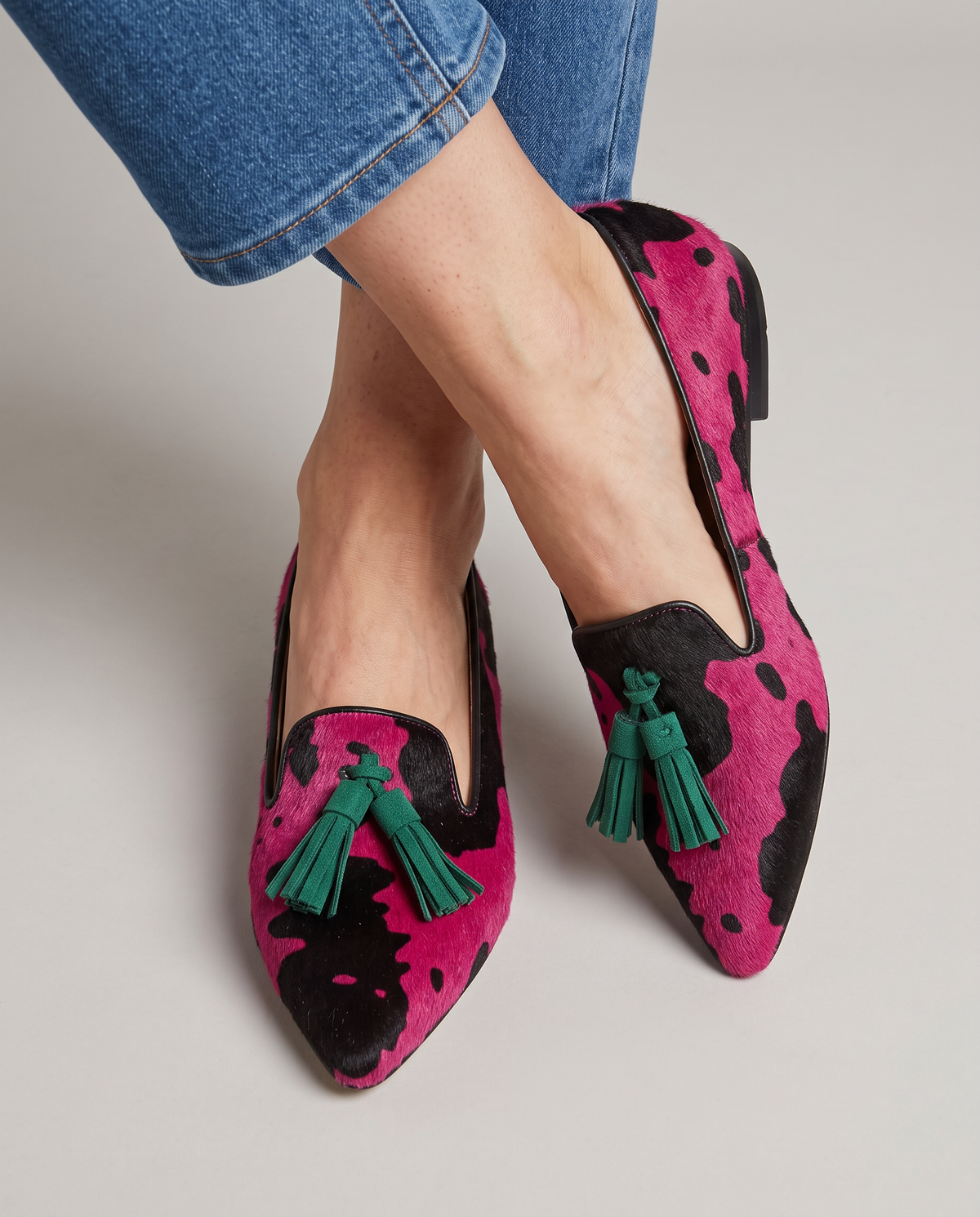 Ginevra | Fuchsia Cow Print Loafers with Green Tassels