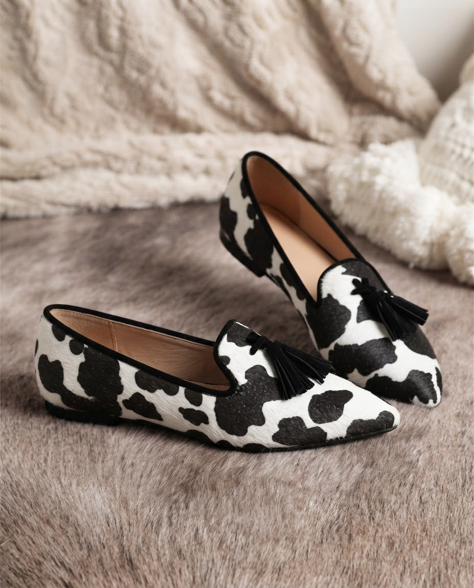 Ginevra | Black & White Cow Print Loafers with Black Tassels