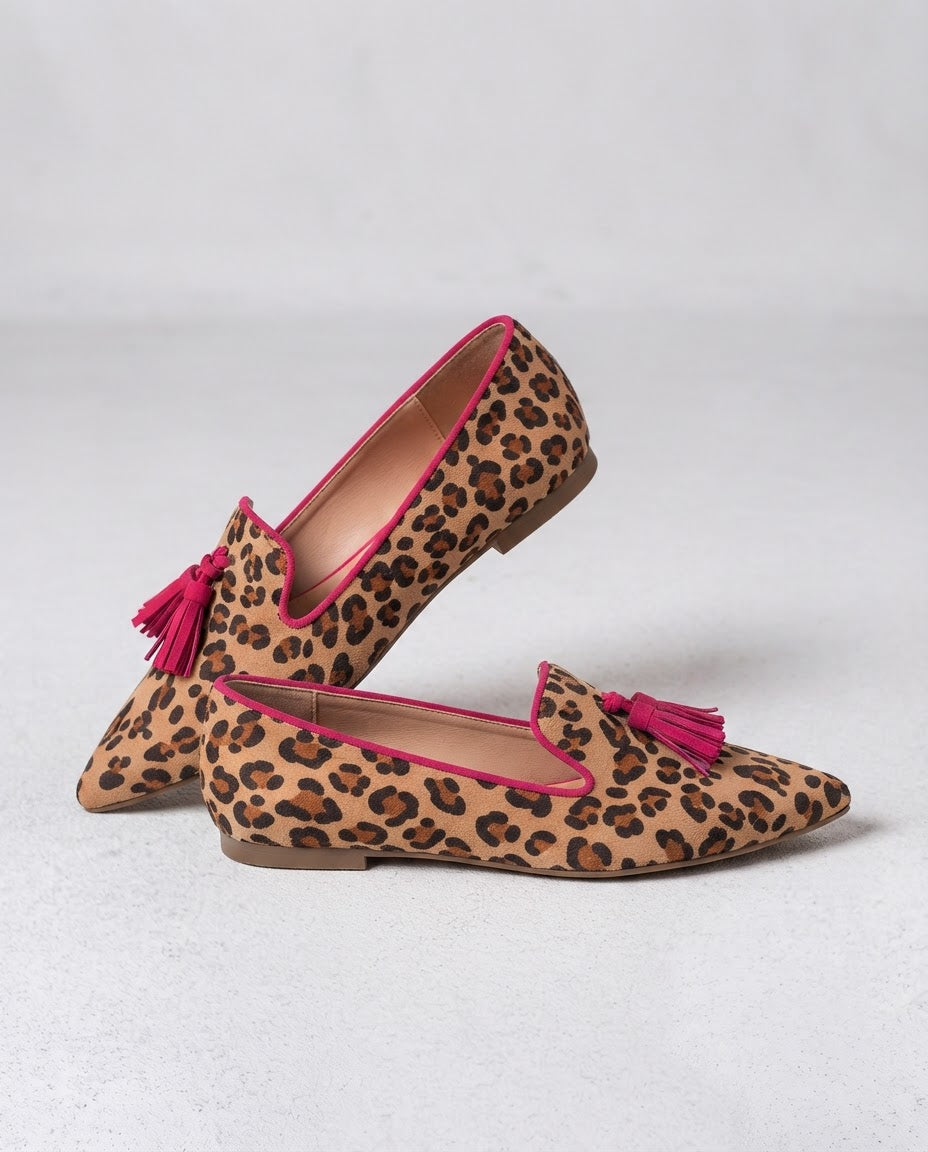 Ginevra | Suede Leopard Loafers with Fuchsia Tassels