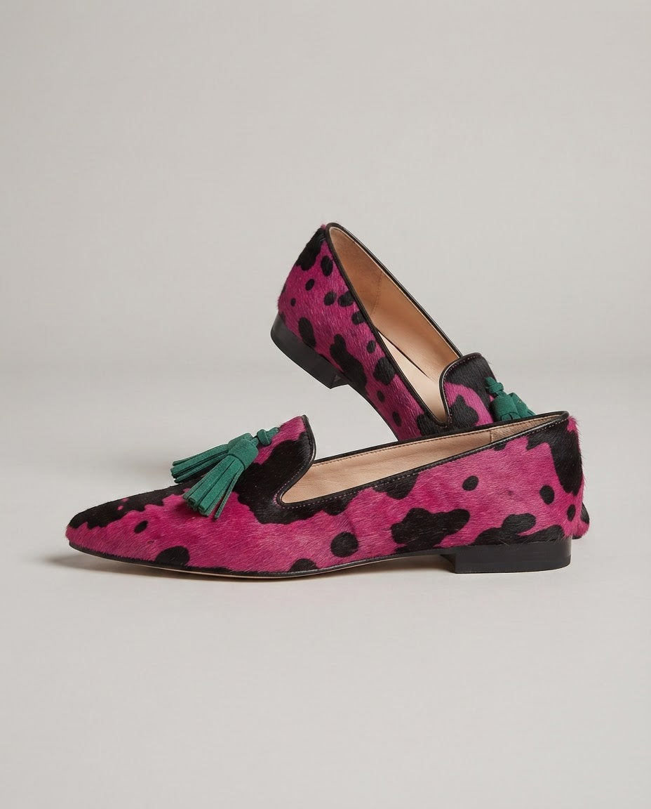 Ginevra | Fuchsia Cow Print Loafers with Green Tassels