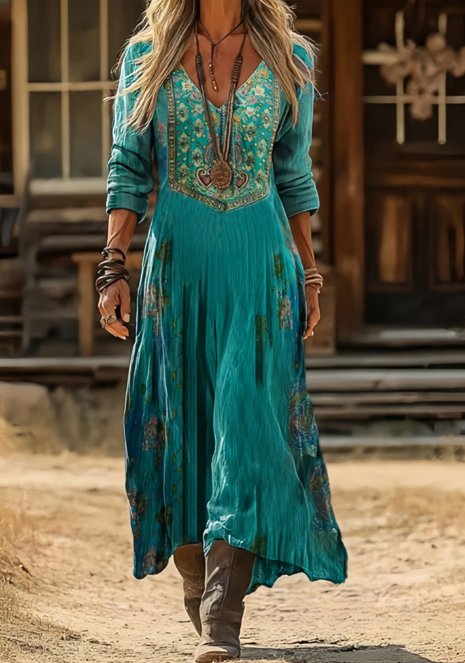 Clover maxi dress in turquoise, walking view