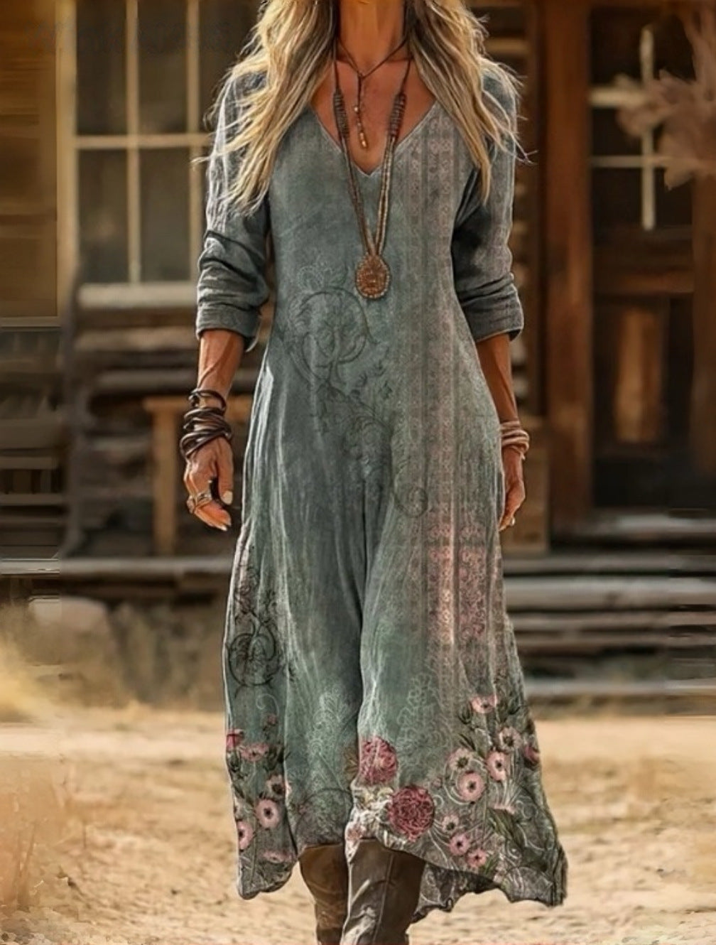 Lorella vintage rose maxi dress in sage green, outdoor walking view