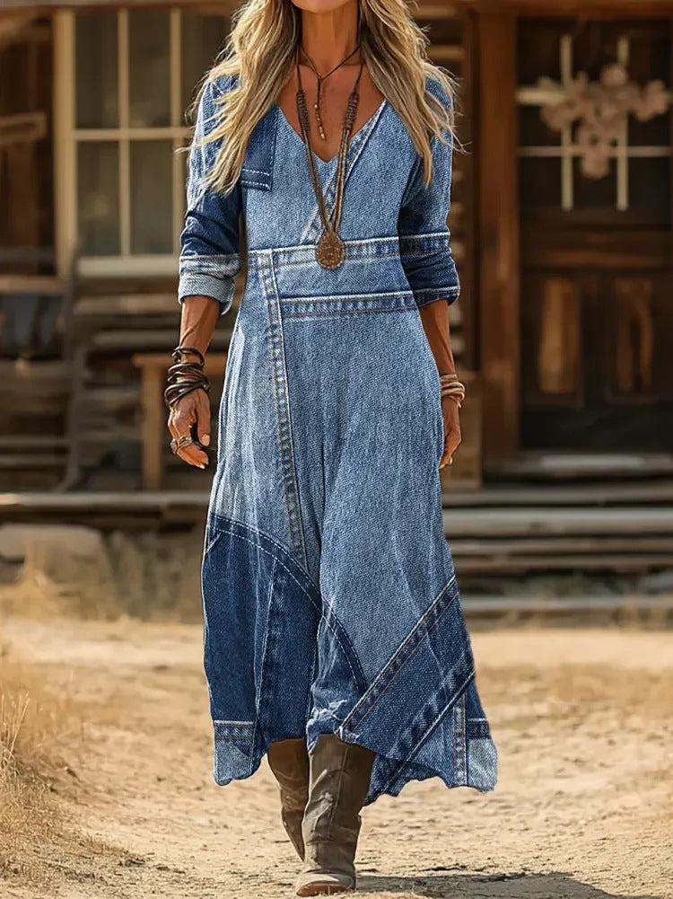 Wisteria denim-look maxi dress in blue, walking view