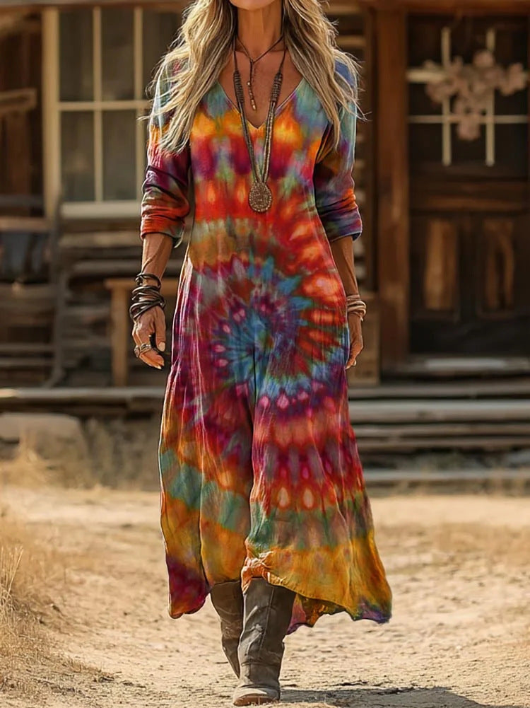 Hazelle tie-dye maxi dress in multicolour, outdoor walking view