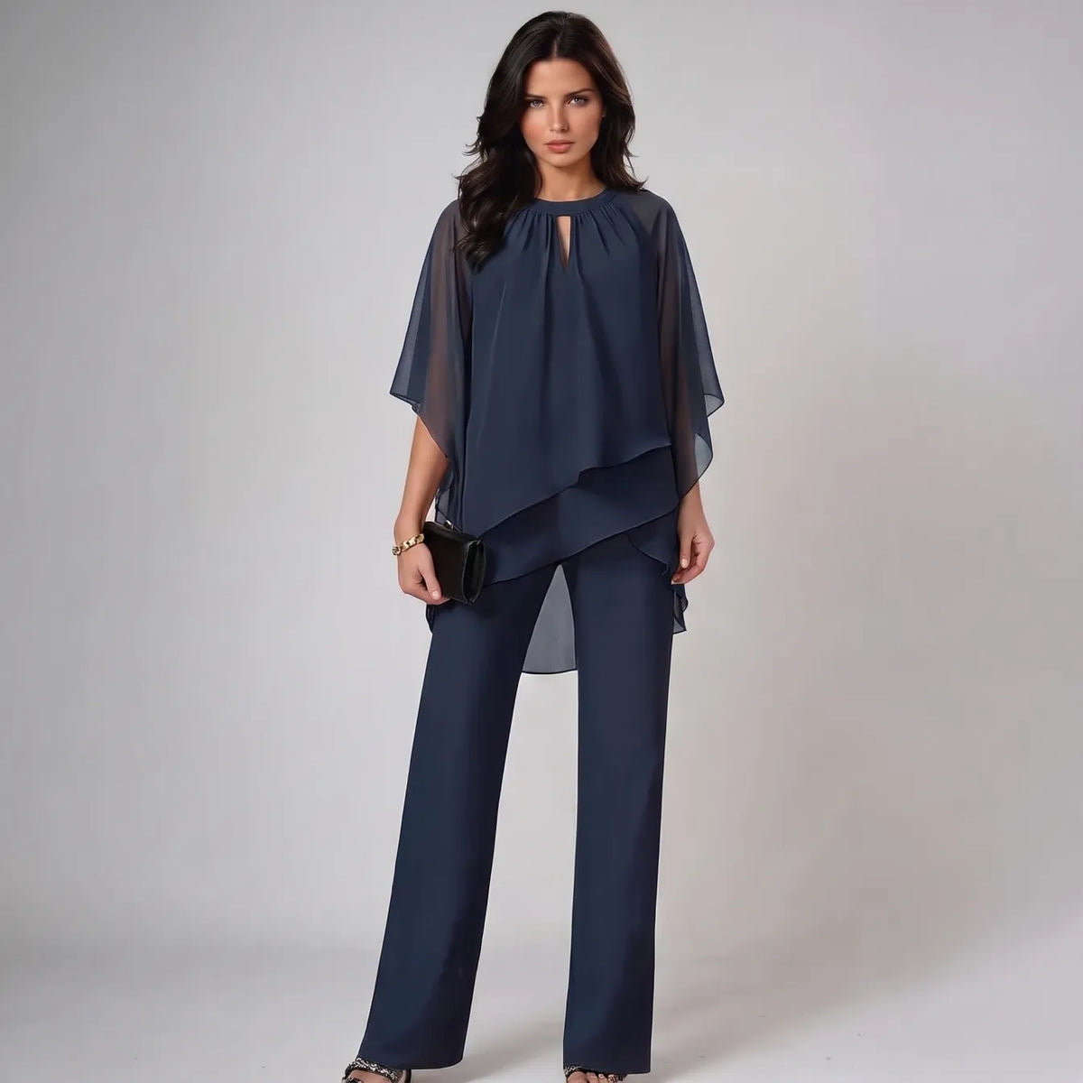 Mercy layered chiffon top and trouser set in navy, full-length front view