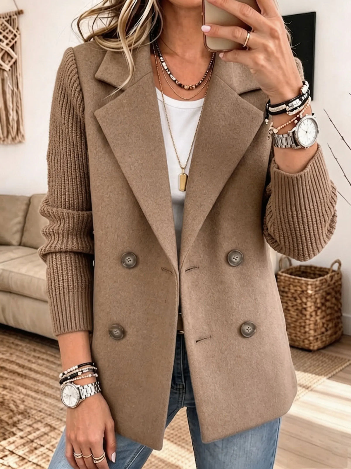 Clementina double-breasted blazer in khaki, front view