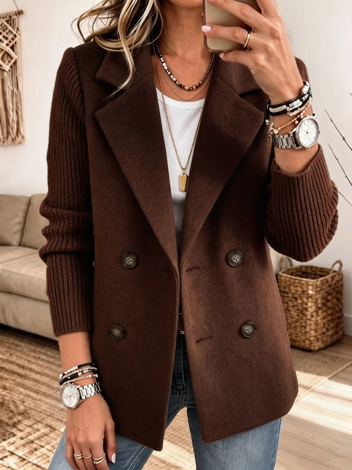 Clementina double-breasted blazer in brown, front view