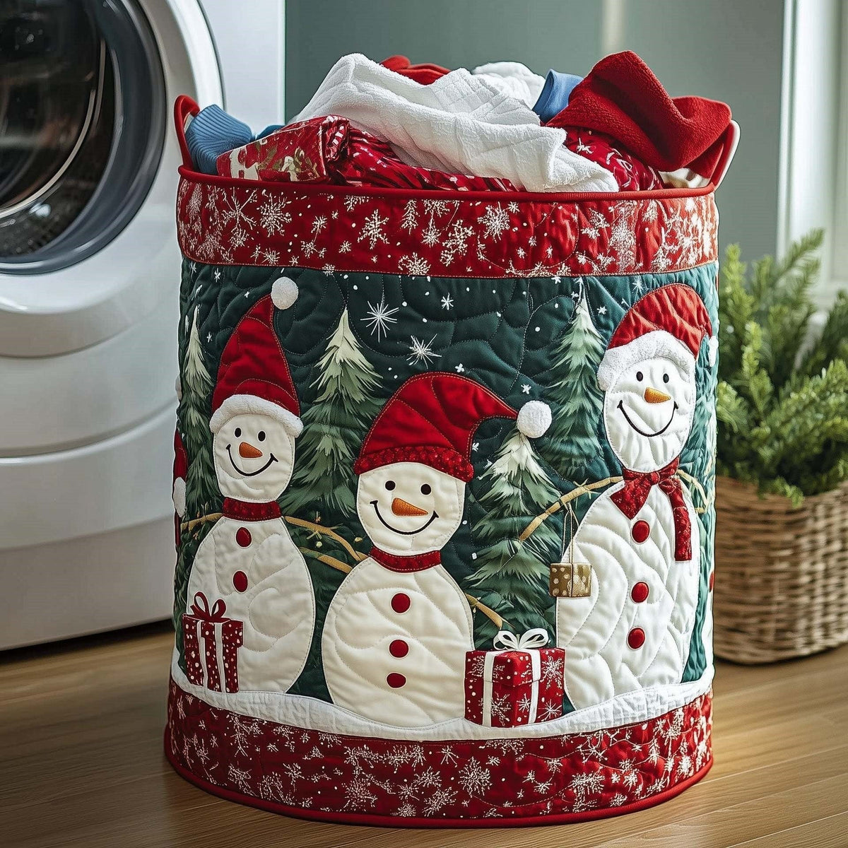 Isabella hand-quilted laundry basket with three smiling snowmen in red hats with pine trees and gifts, front view