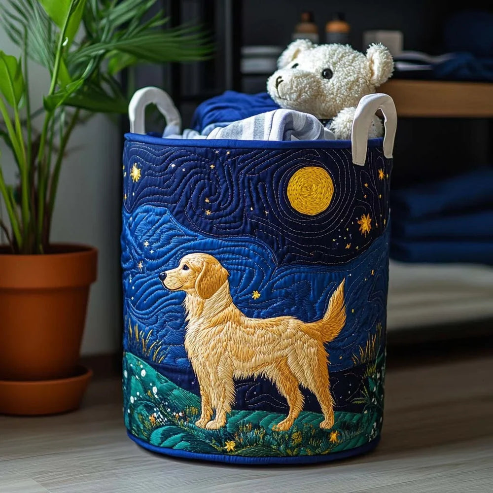 Delfina hand-quilted laundry basket with a golden retriever under a starry moonlit sky, front view