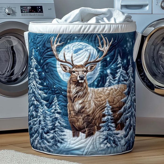 Lara hand-quilted laundry basket with a stag among snowy fir trees beneath a full moon, front view