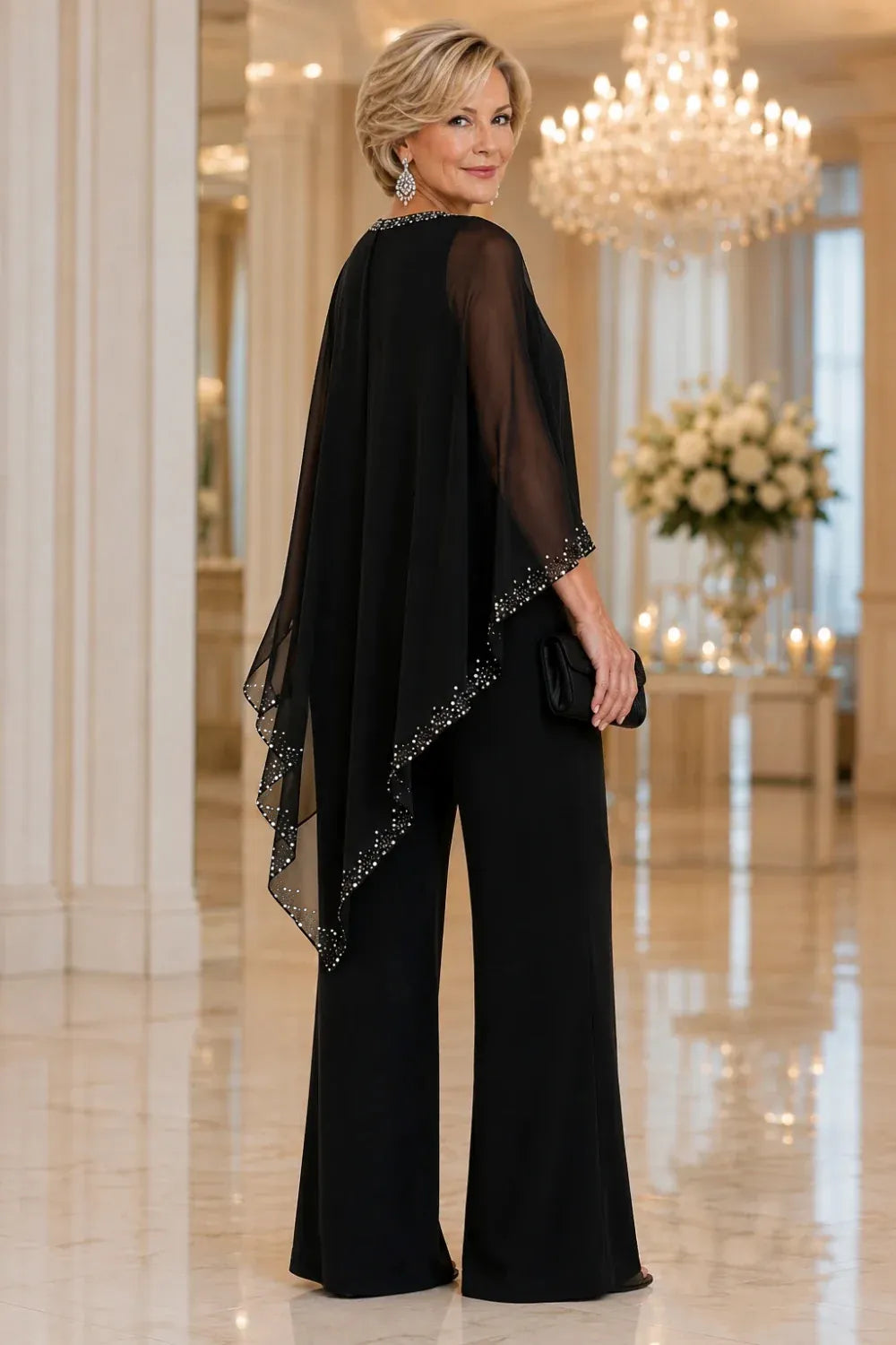 Marianne beaded chiffon cape trouser suit in black, back view showing cape drape