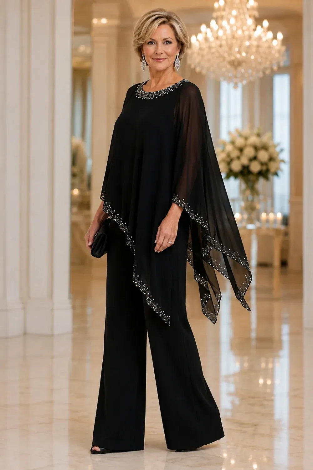 Marianne beaded chiffon cape trouser suit in black, three-quarter front view