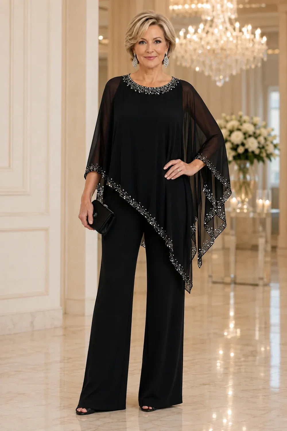 Marianne beaded chiffon cape trouser suit in black, full-length front view