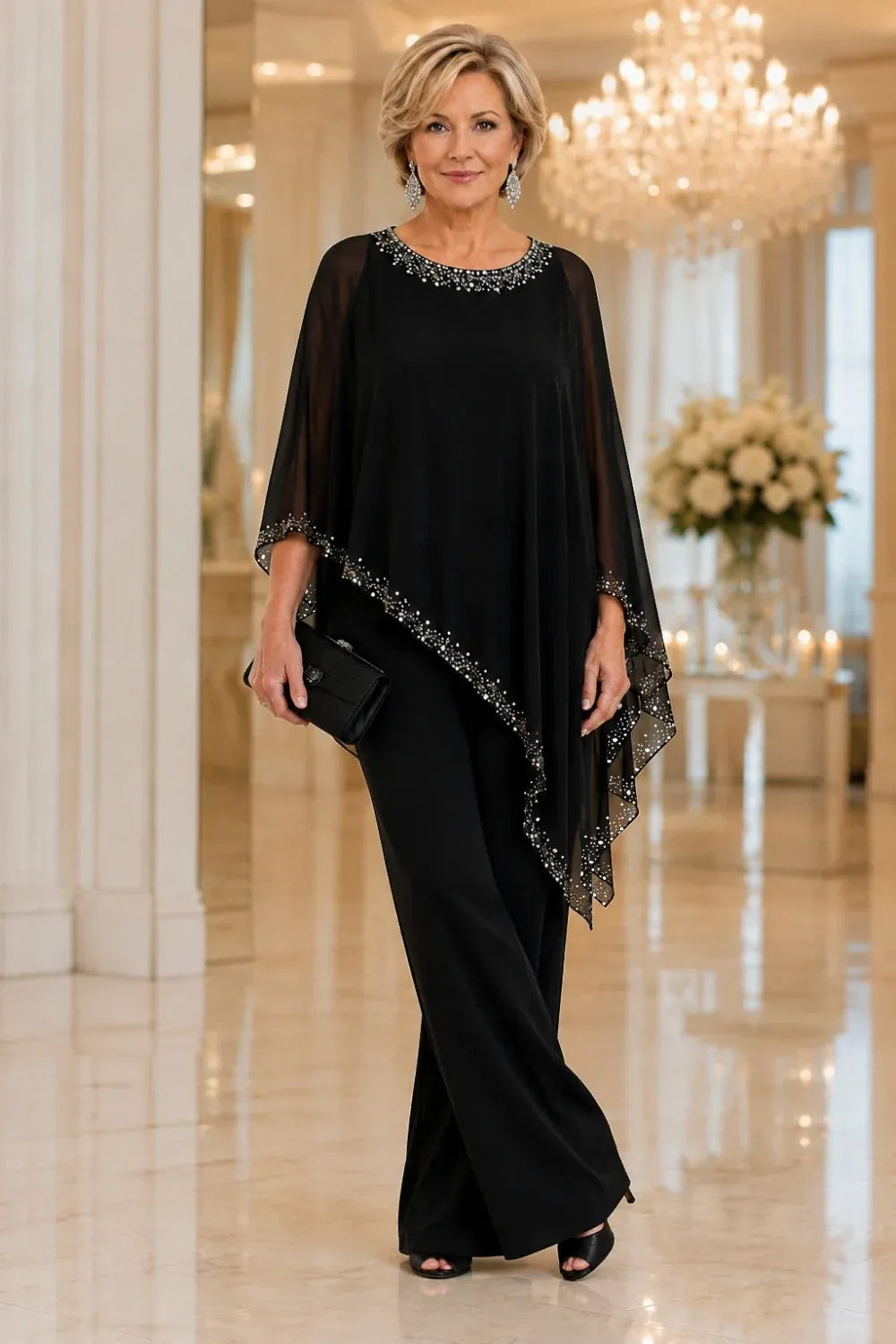 Marianne beaded chiffon cape trouser suit in black, full-length view with clutch