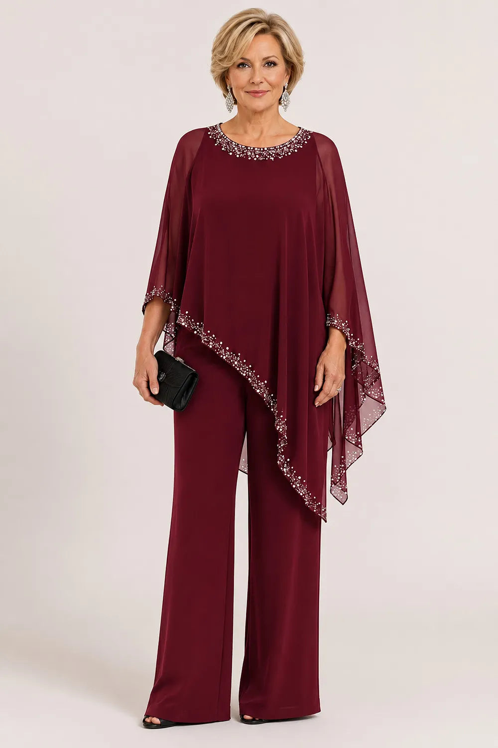 Marianne beaded chiffon cape trouser suit in burgundy, full-length front view