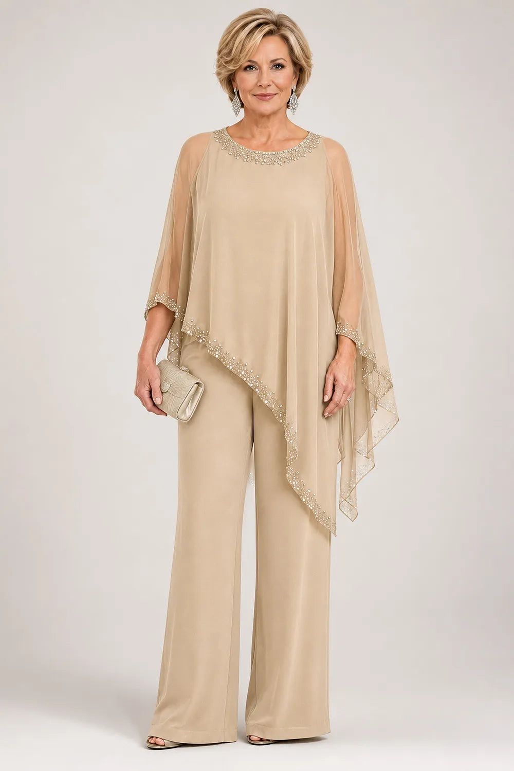 Marianne beaded chiffon cape trouser suit in champagne, full-length front view