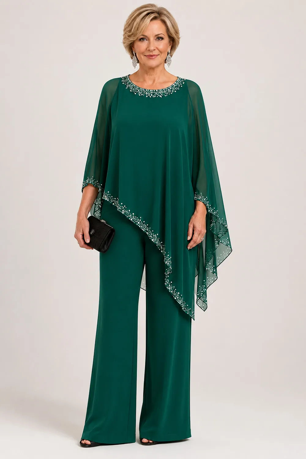 Marianne beaded chiffon cape trouser suit in emerald green, full-length front view
