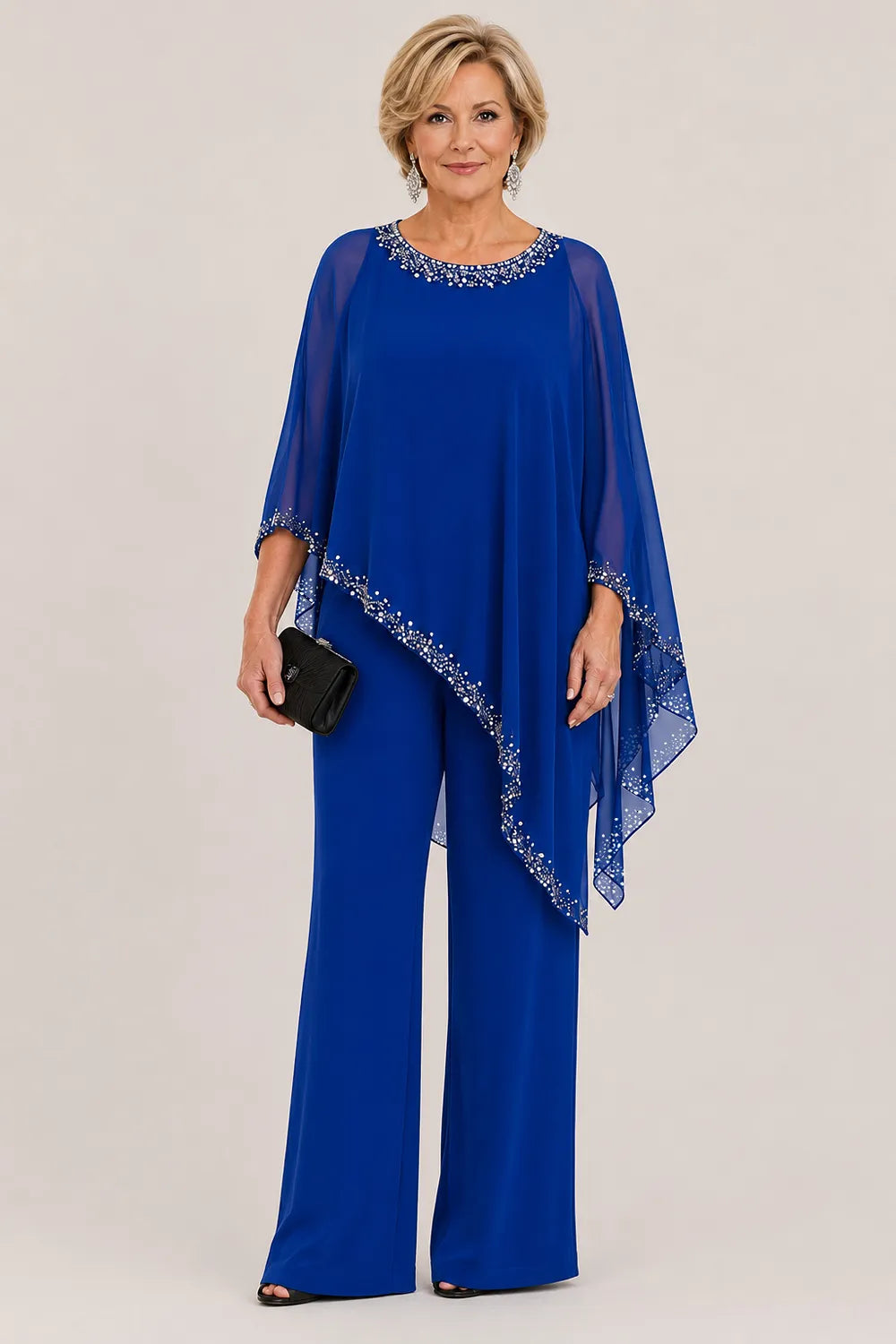 Marianne beaded chiffon cape trouser suit in royal blue, full-length front view