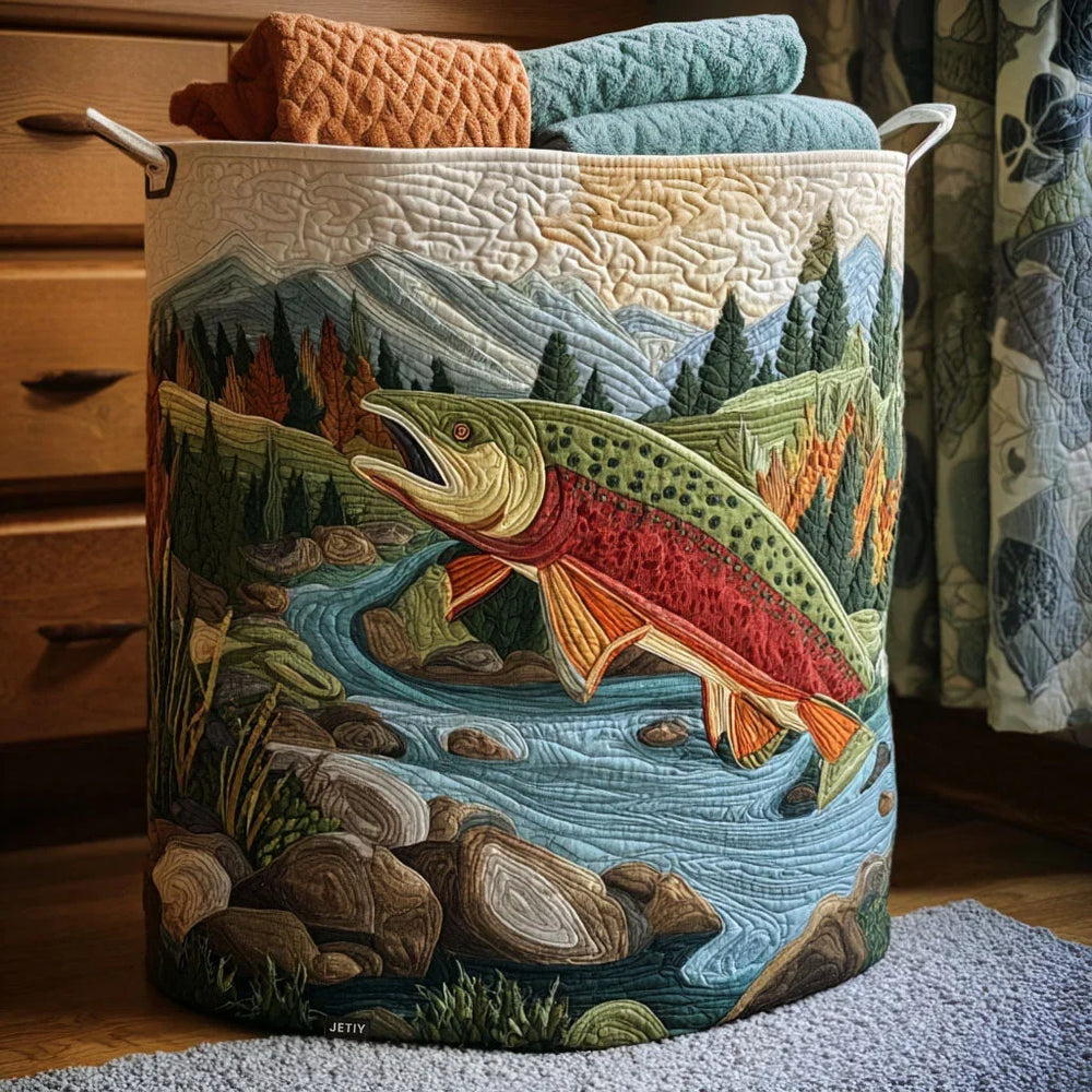 Franca hand-quilted laundry basket with a leaping trout in a mountain river, front view