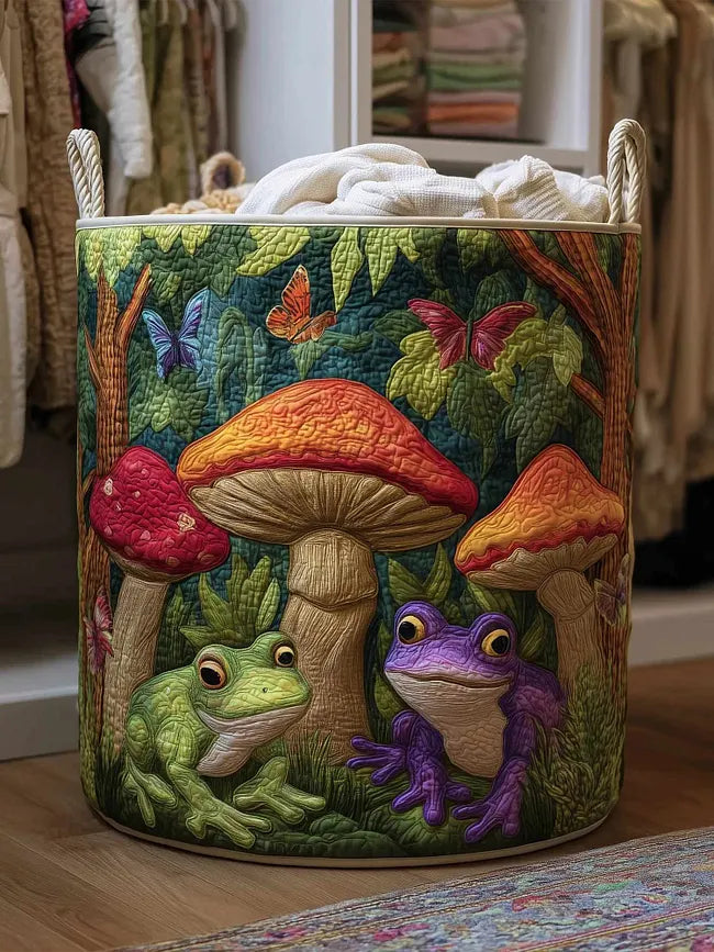 Adele hand-quilted laundry basket with toadstools, frogs and butterflies, front view