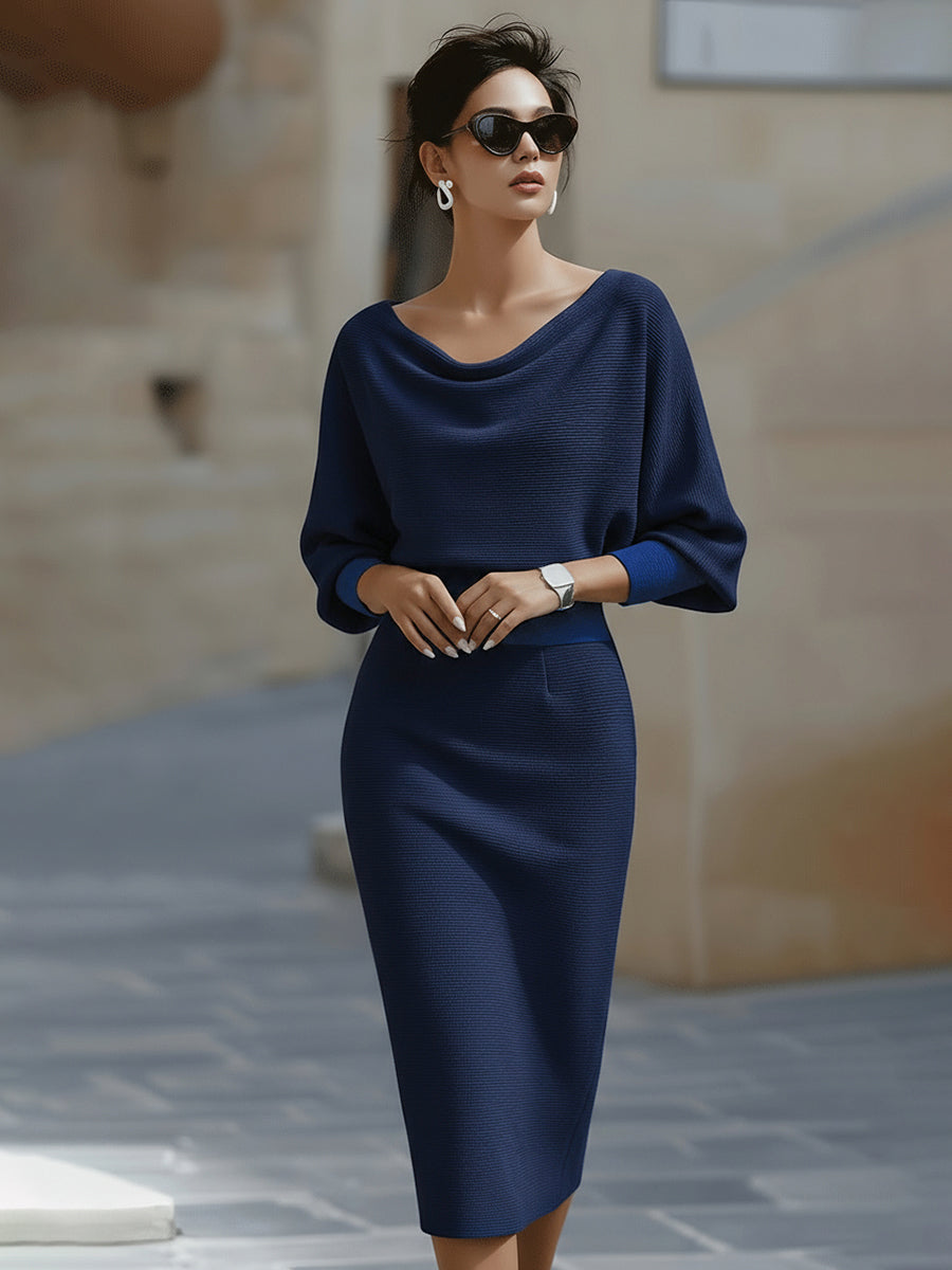 Cicely knit midi dress in navy blue, front view