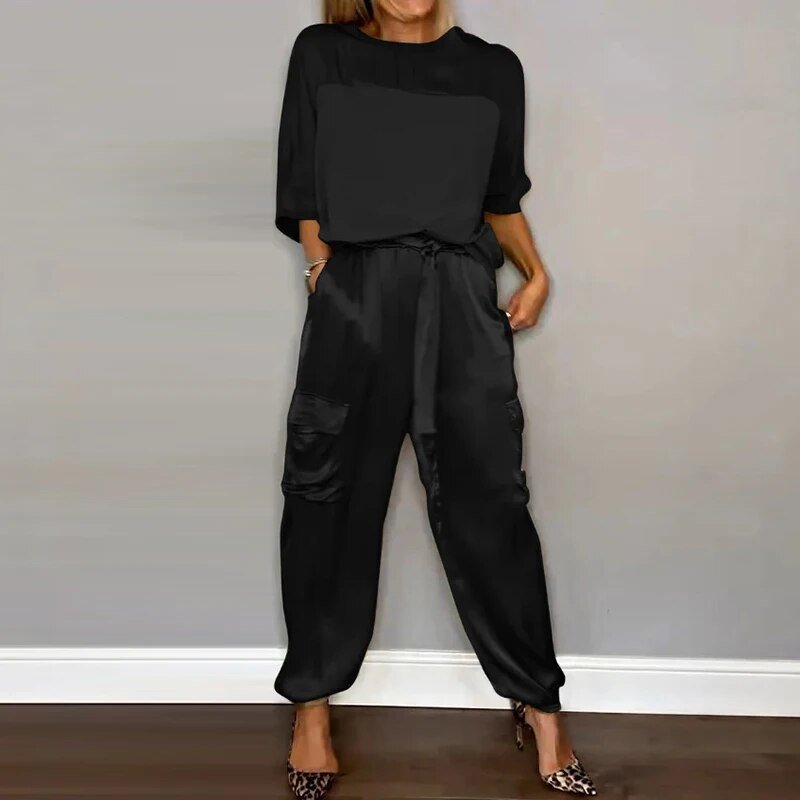 Nova casual cargo co-ord set in black, full-length front view