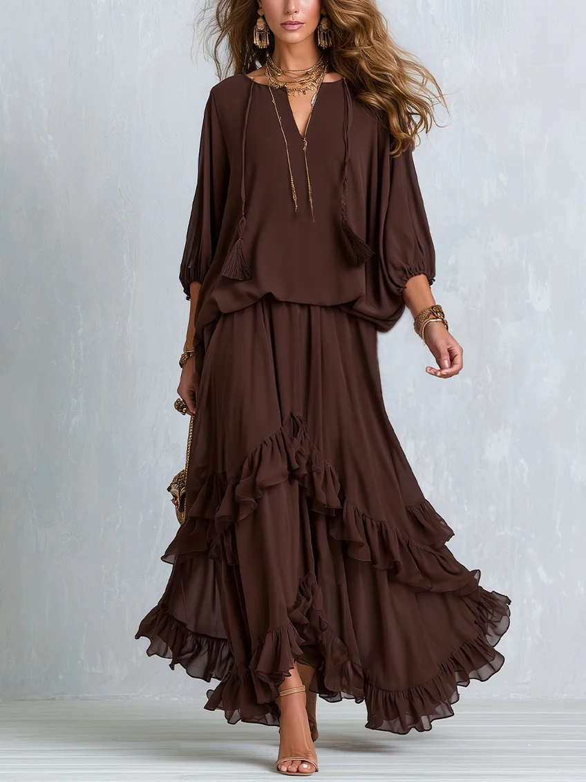 Ondine | Brown Fringed Top and Tiered Skirt Set