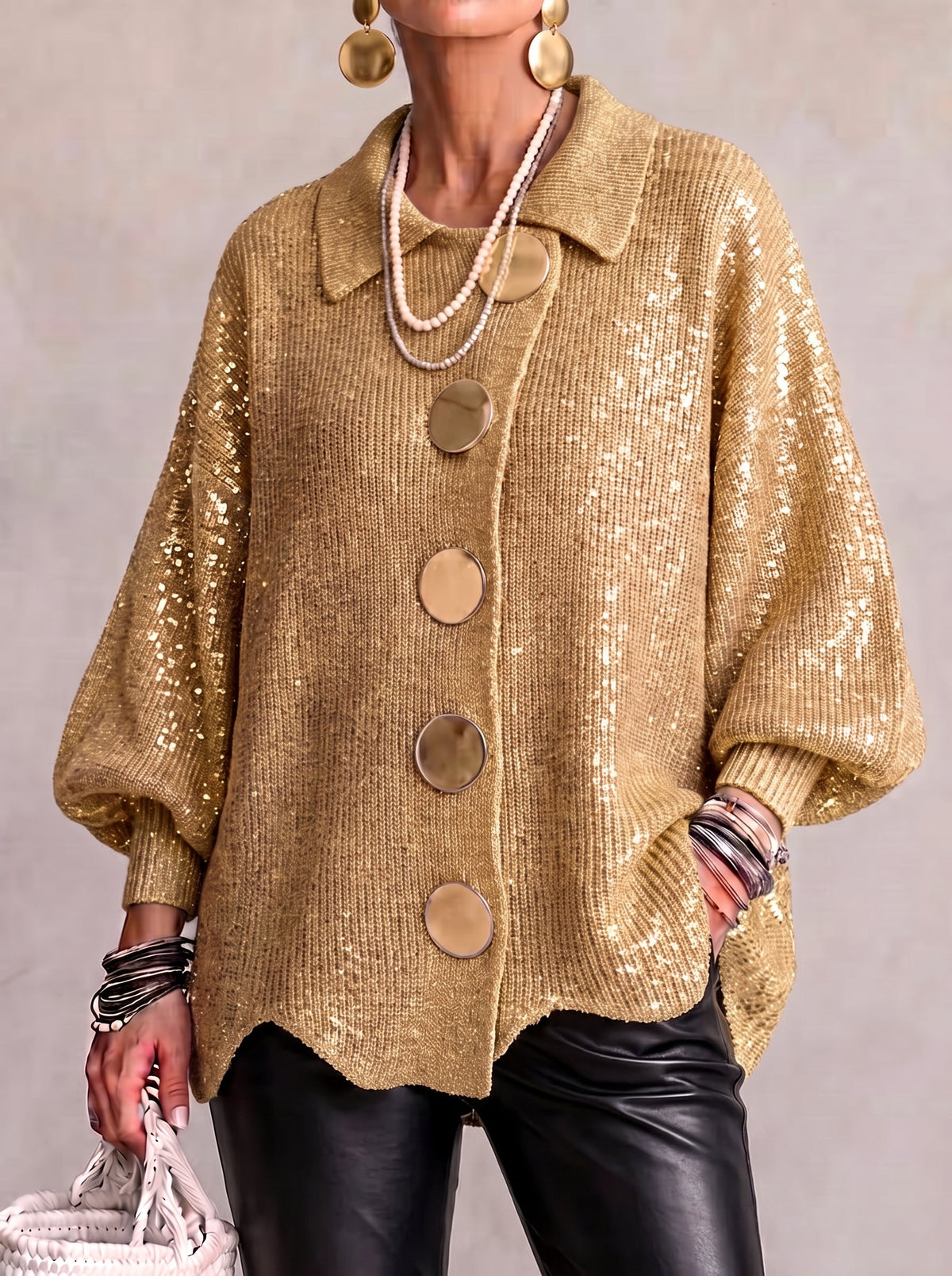 Carwen collared button cardigan in Gold sequin knit, front view