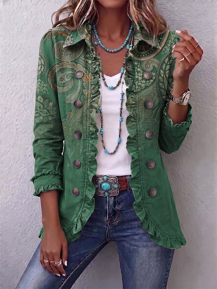 JACINTA | GREEN PAISLEY RUFFLE JACKET
