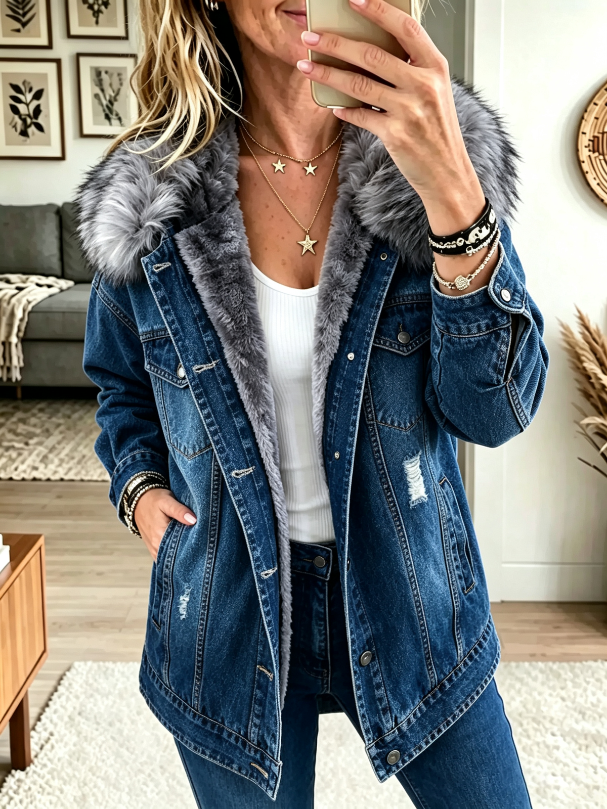 Honora denim-look jacket with faux fur collar in Navy, front view