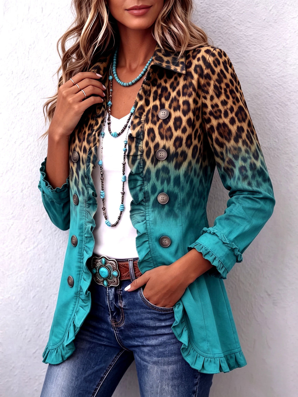 MERCEDES | OMBRE LEOPARD RUFFLE BLAZER