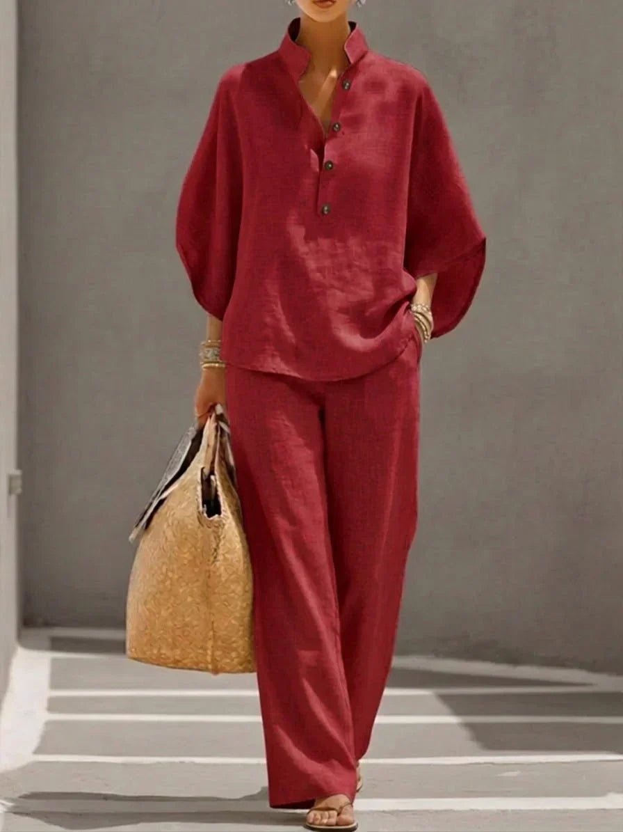 SOPHIE | LINEN BATWING-SLEEVE AND WIDE-LEG TROUSERS SET