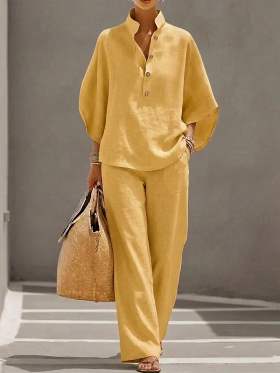 SOPHIE | LINEN BATWING-SLEEVE AND WIDE-LEG TROUSERS SET