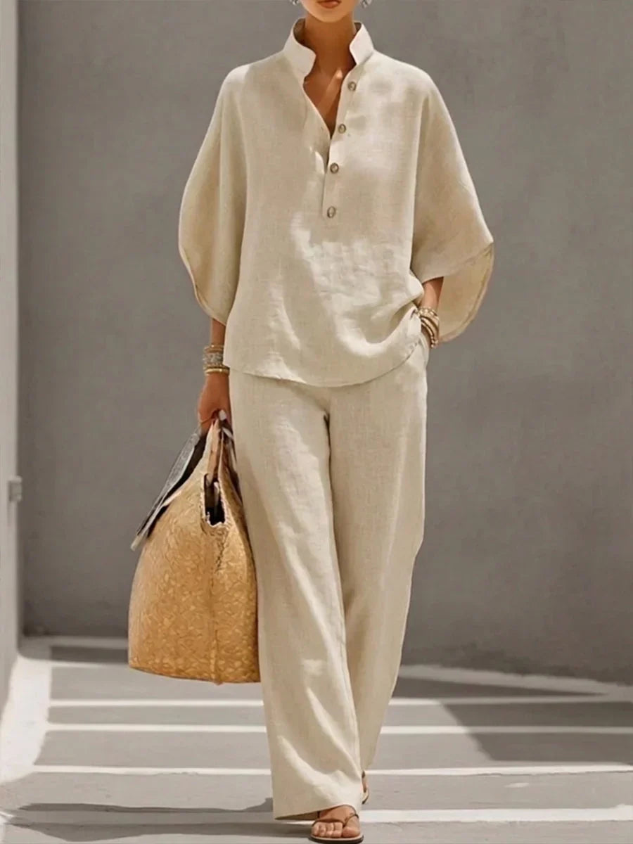 SOPHIE | LINEN BATWING-SLEEVE AND WIDE-LEG TROUSERS SET