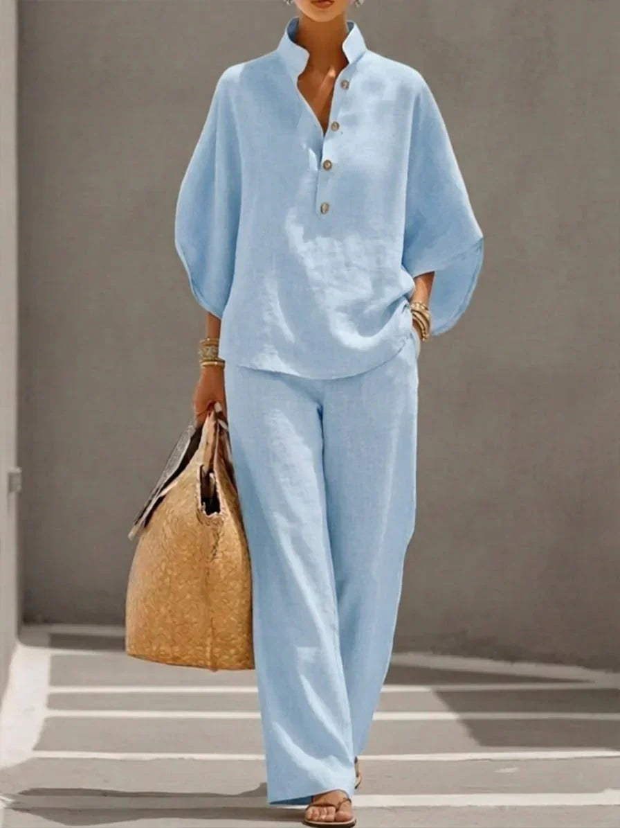SOPHIE | LINEN BATWING-SLEEVE AND WIDE-LEG TROUSERS SET
