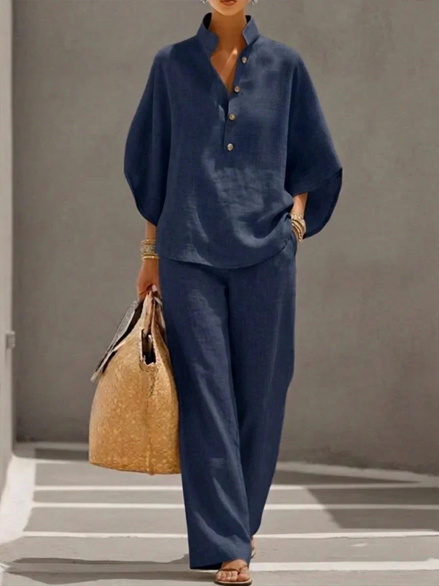 SOPHIE | LINEN BATWING-SLEEVE AND WIDE-LEG TROUSERS SET