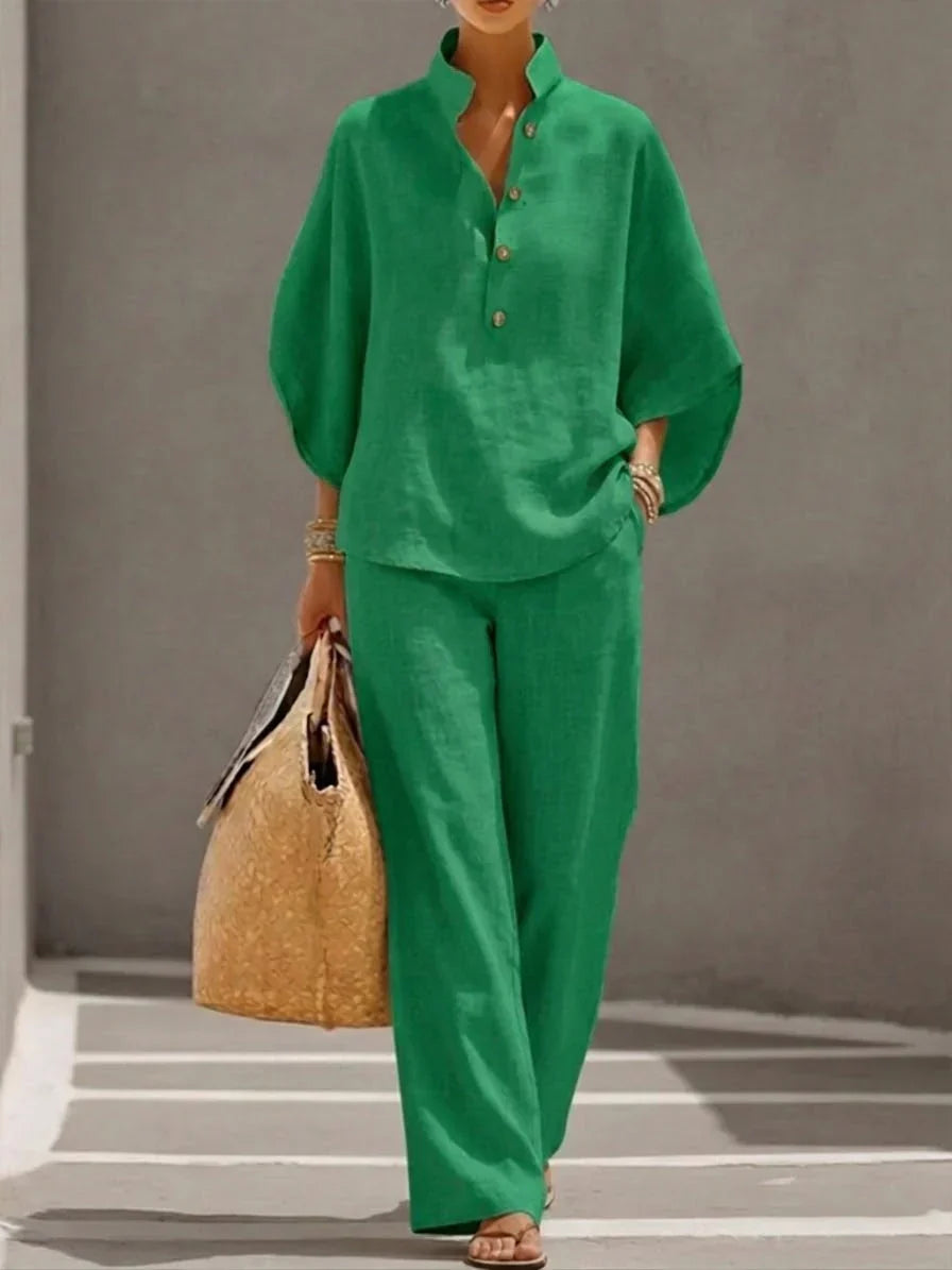 SOPHIE | LINEN BATWING-SLEEVE AND WIDE-LEG TROUSERS SET