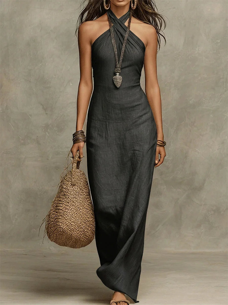AVELINA™ – VOLUMINOUS COTTON AND LINEN HALTER-NECK MAXI DRESS